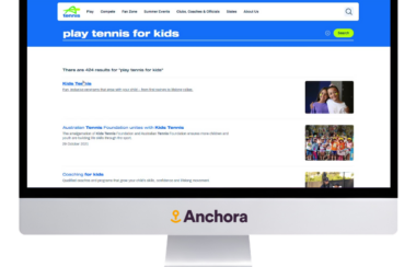 A computer screen with the Tennis Australia website searching for 'play tennis for kids' and the search results.