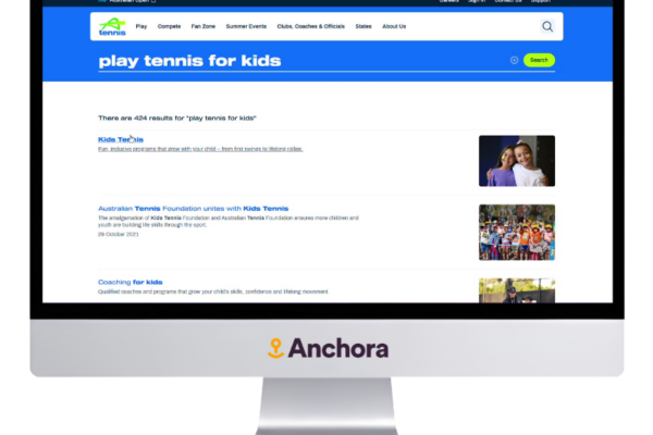 A computer screen with the Tennis Australia website searching for 'play tennis for kids' and the search results.