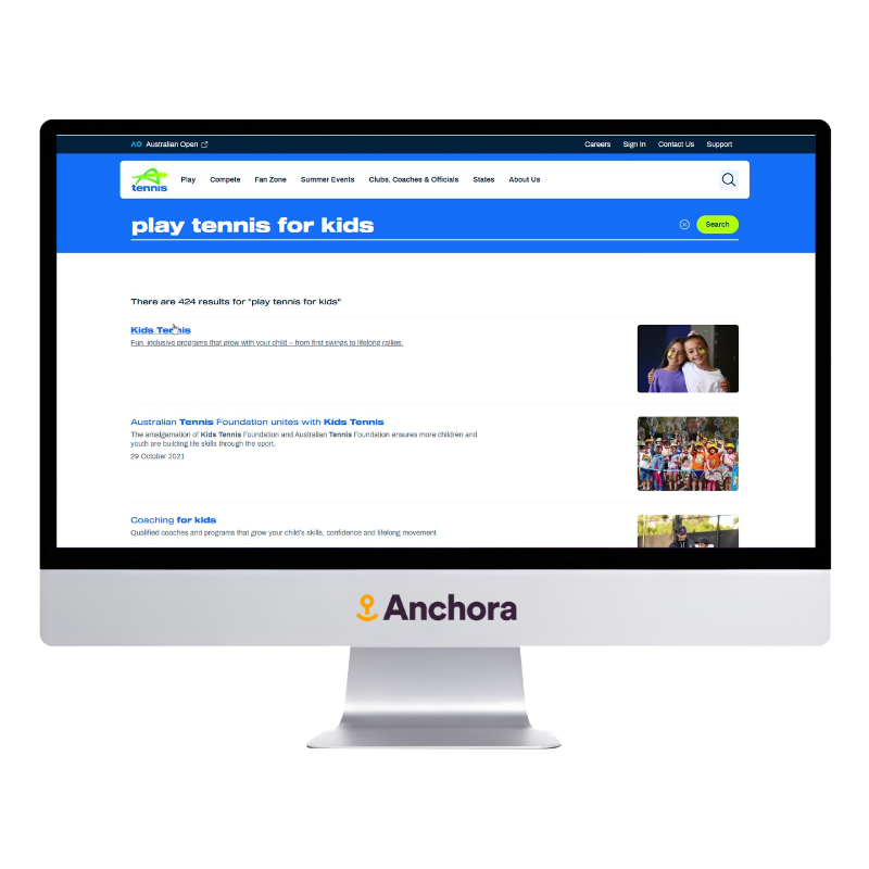 A computer screen with the Tennis Australia website searching for 'play tennis for kids' and the search results.